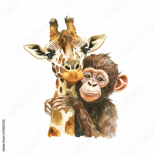 Cute monkeys with giraffe watercolor paint 