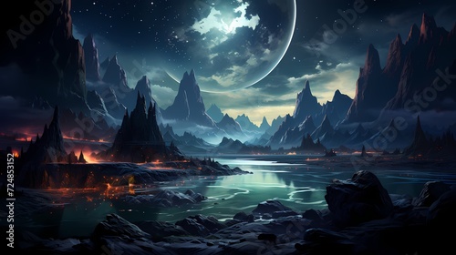 An otherworldly obsidian black lake surrounded by towering alien rock formations, with the night sky showcasing distant galaxies and a celestial alignment