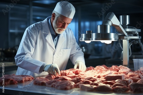 Artificial meat by printing machine. Production of steaks in laboratory conditions. Protein food without harming animals. Concept  Analysis of meat composition. Food growing technology. 