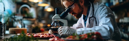 A laboratory assistant analyzes pieces of meat under a microscope. examination of food samples. Checking the steaks. Protein food Concept: Analysis of meat composition. Food technology.
 photo
