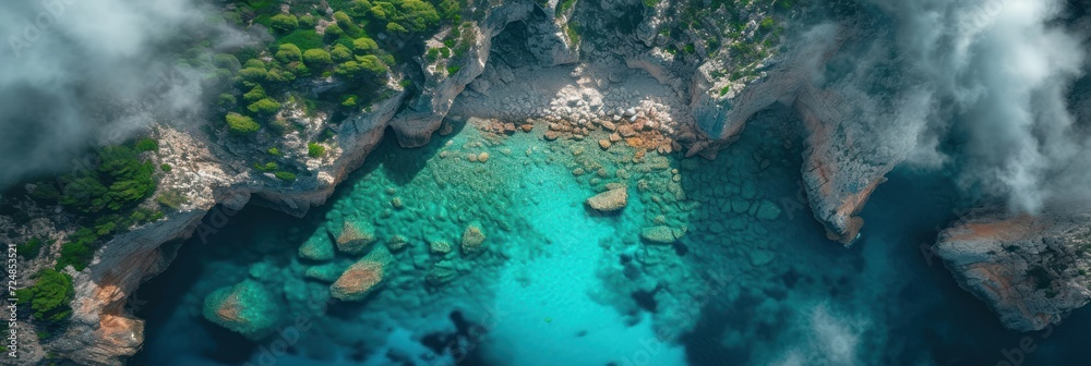Mystical Hidden Cove: Aerial View of a Secluded Turquoise Bay Amidst Rocky Cliffs Mystical Hidden Cove: Aerial View of a Secluded Turquoise Bay Amidst Rocky Cliffs