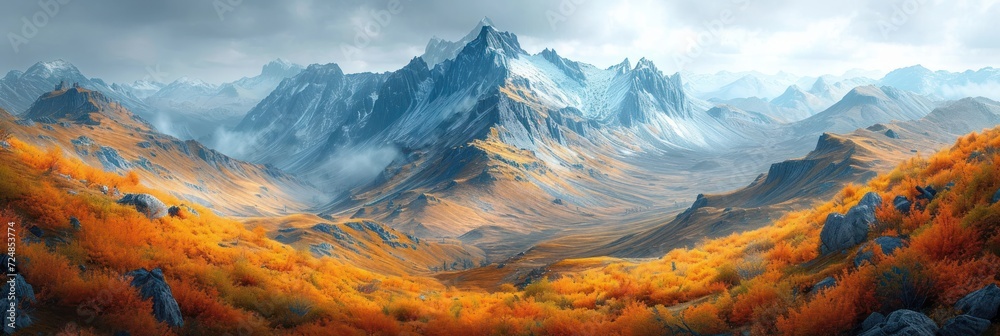Autumn Majesty: A Panoramic View of Golden Foliage Against Mountain Peaks