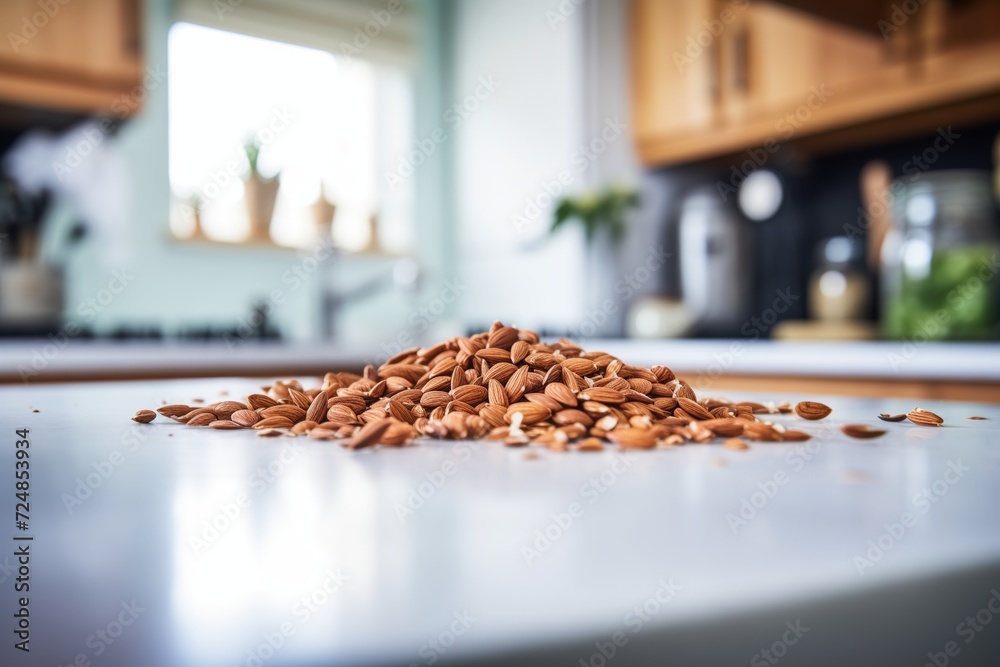 a pile of raw almonds on a kitchen counter a pile of raw almonds on a kitchen counter