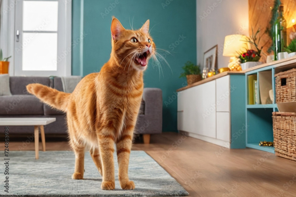 Cute red cat screams, meows, asks for food with surprised eyes