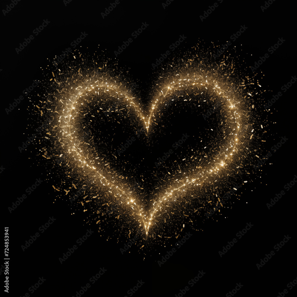 Gold sparkle glitter shine heart shaped frame on black background