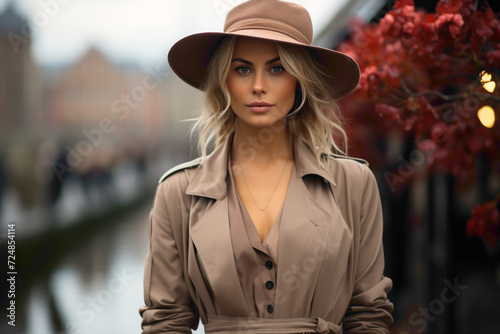Classic meets modern as the most beautiful Swedish lady poses in a timeless trench coat and wide-brimmed hat, making an iconic fashion statement.