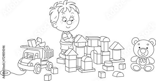 Happy little boy playing with a toy truck and bricks and building a fancy castle in a playroom, black and white outline vector cartoon illustration for a coloring book