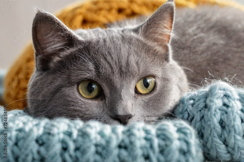 Funny gray cat sticks out its muzzle among woolen knitted clothes