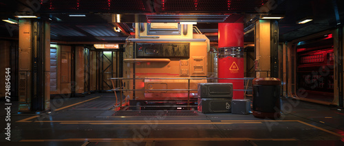 Fototapeta Naklejka Na Ścianę i Meble -  Panoramic 3D rendering of a futuristic fantasy space station or ship interior.