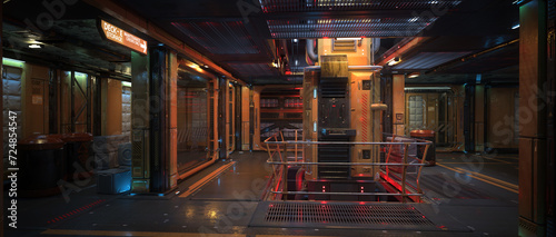 Fototapeta Naklejka Na Ścianę i Meble -  Wide cinematic 3D illustration of a fantasy future space station or spaceship interior.