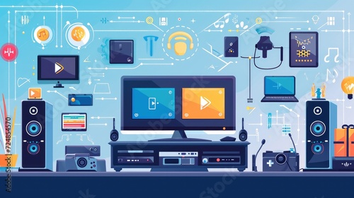 An infographic exploring the integration of IoT in home entertainment systems, showing the connection between smart living items