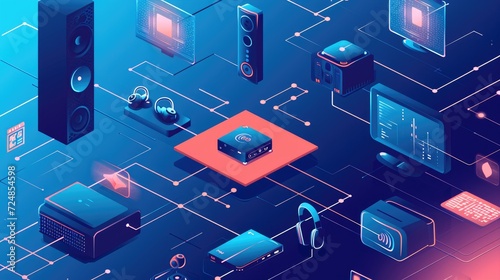 An infographic exploring the integration of IoT in home entertainment systems, showing the connection between smart living items