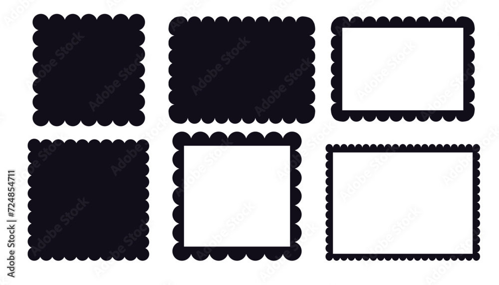 Scalloped edge border silhouette shapes, wavy borders isolated on white background. Scallop stamp, rectangle frame.  - obrazy, fototapety, plakaty 