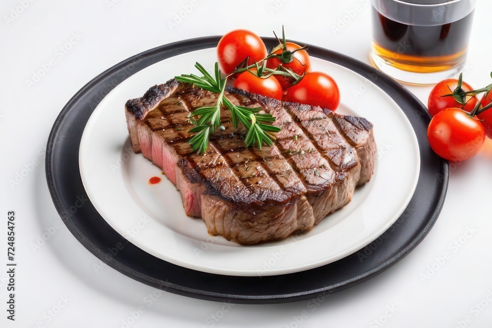 Steak meat on a plate on a white background Steak meat on a plate on a white background