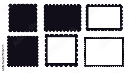 Scalloped edge border silhouette shapes, wavy borders isolated on white background. Scallop stamp, rectangle frame.  photo
