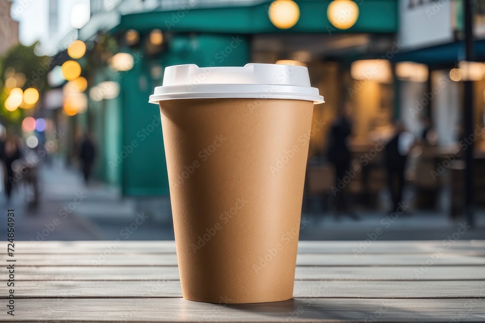 Takeaway cardboard coffee cup with plastic lid outdoors Takeaway cardboard coffee cup with plastic lid outdoors