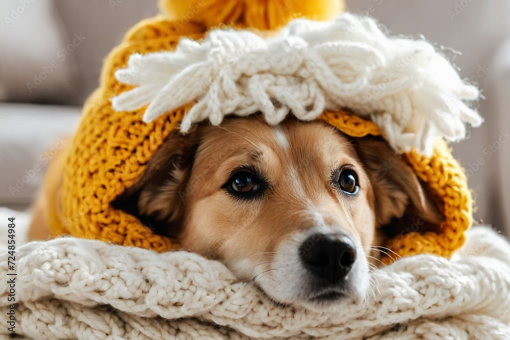 Funny dog sticks out its muzzle among woolen knitted clothes