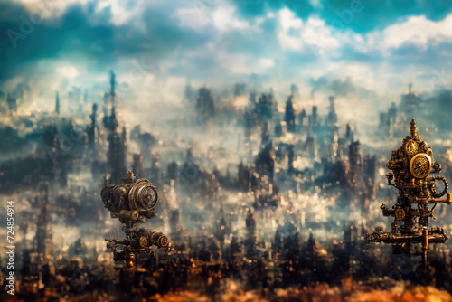 Landscape in steampunk style. Abstract illustration. AI generated.