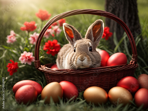 easter bunny sitting in basket with colorful dyed eggs spring nature landscape photo