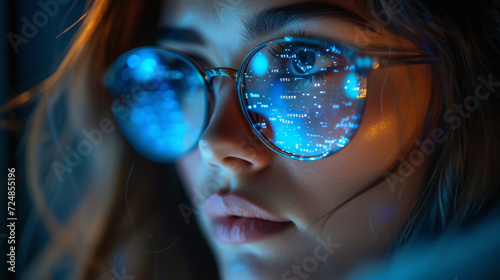 Data analysis with a woman in goggles, delving into complex coding and highlighting the digital framework, algorithm, and insight for innovative automation in a virtual environment.