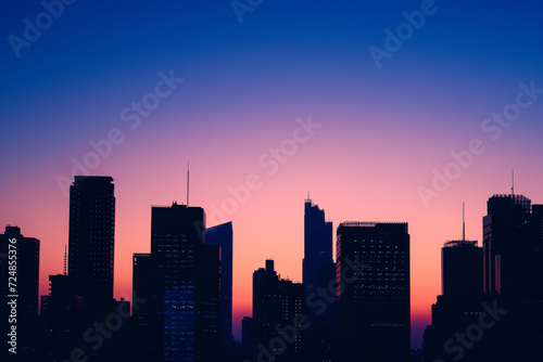Dawn unfold over a city skyline silhouette  with towering skyscrapers in a scenic urban landscape  creating a panoramic cityscape that captures of modern architecture and professional growth.