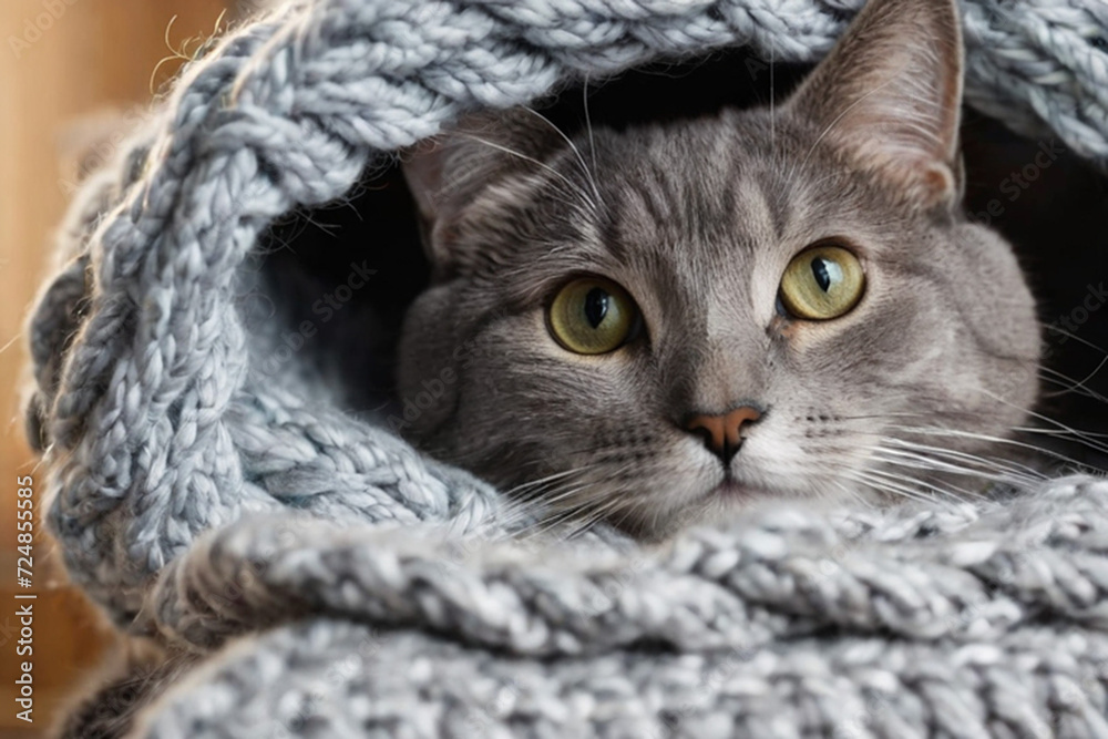 Funny gray cat sticks out its muzzle among woolen knitted clothes