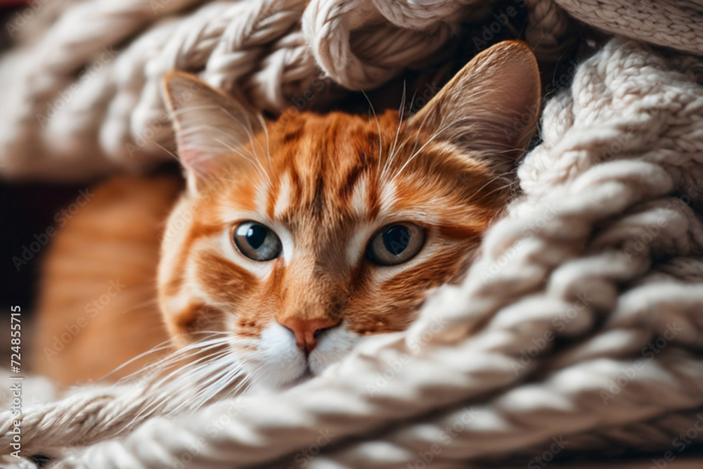 Funny red cat sticks out its muzzle among woolen knitted clothes