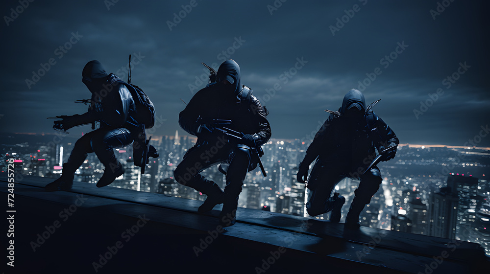Thieves trying to break into a building with a city in the background Thieves trying to break into a building with a city in the background
