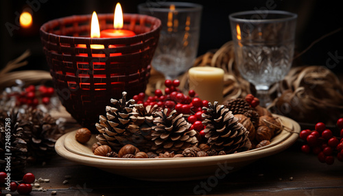 Winter celebration  candlelight  warmth  rustic decor  holly  and chocolate generated by AI