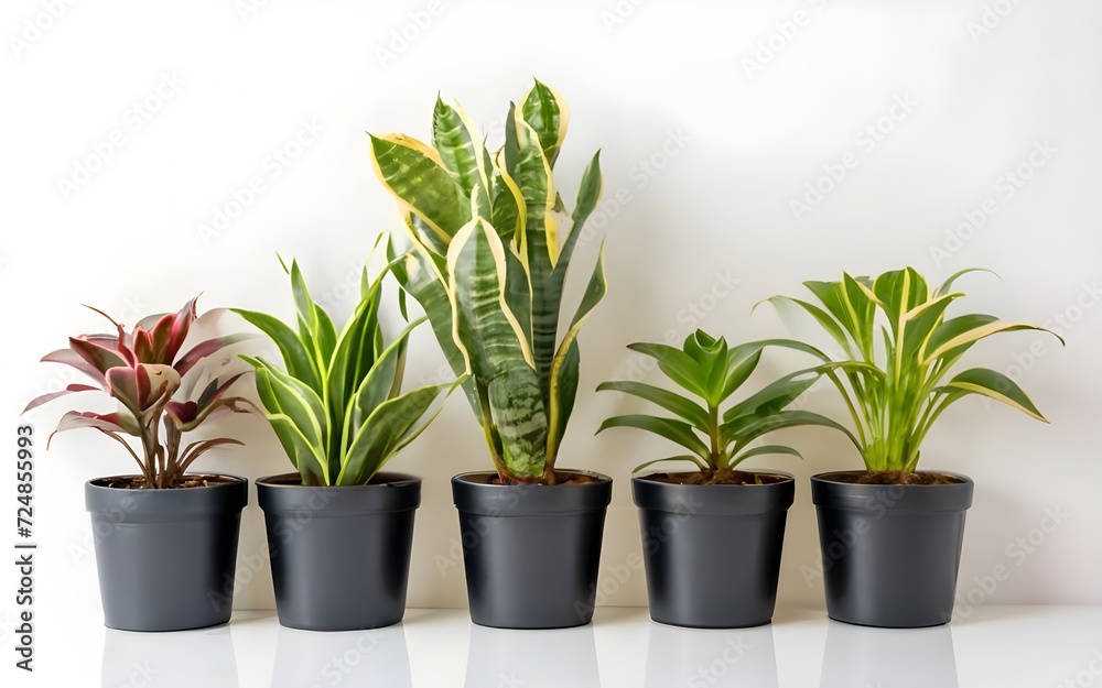 House plants in black pot in a row isolated on white background