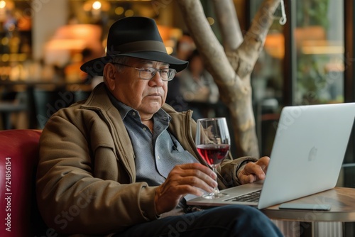 Patrons at an elegant wine tasting lounge in Northern California. A Latino man in his 70s is using a laptop computer while enjoying a glass of pinot noir. 