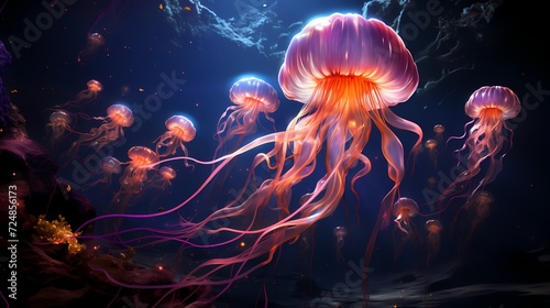 Bioluminescent jellyfish floating in a serene, muted underwater world, creating an ethereal dance of light against the calm depths