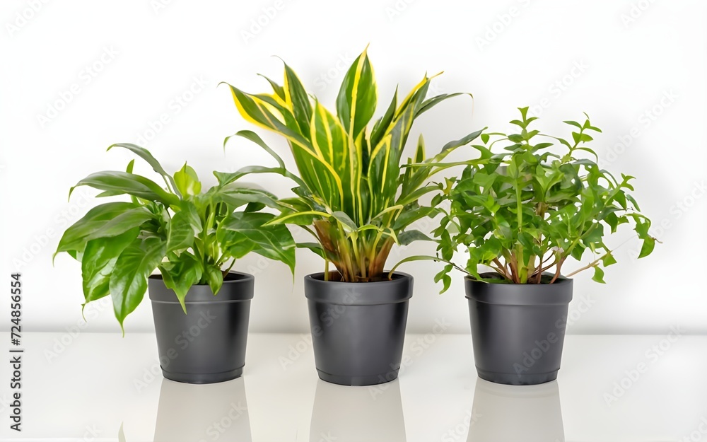 Fototapeta premium House plants in black pot in a row isolated on white background