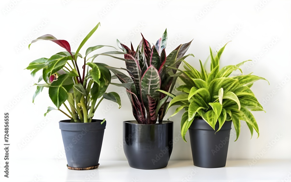 House plants in black pot in a row isolated on white background House plants in black pot in a row isolated on white background