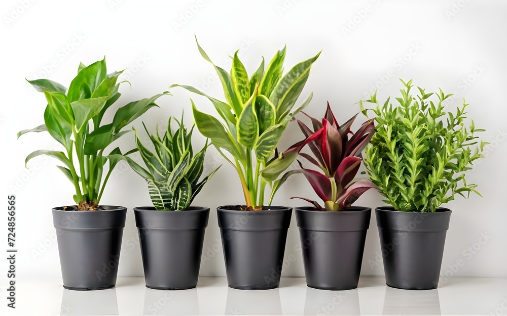 House plants in black pot in a row isolated on white background