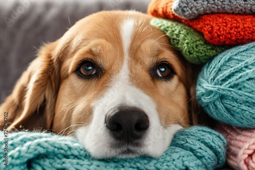 Funny dog sticks out its muzzle among woolen knitted clothes.