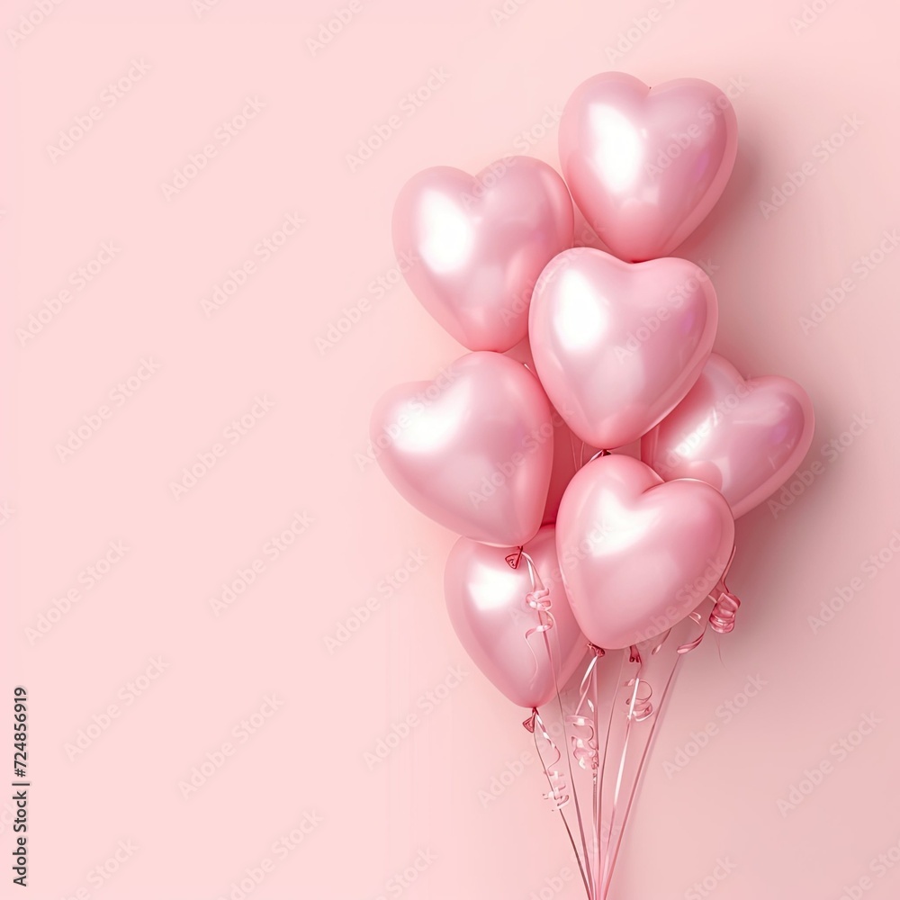 Pink balloons. Realistic 3d illustration. Heart shape ballons. Flying helium romantic decor.