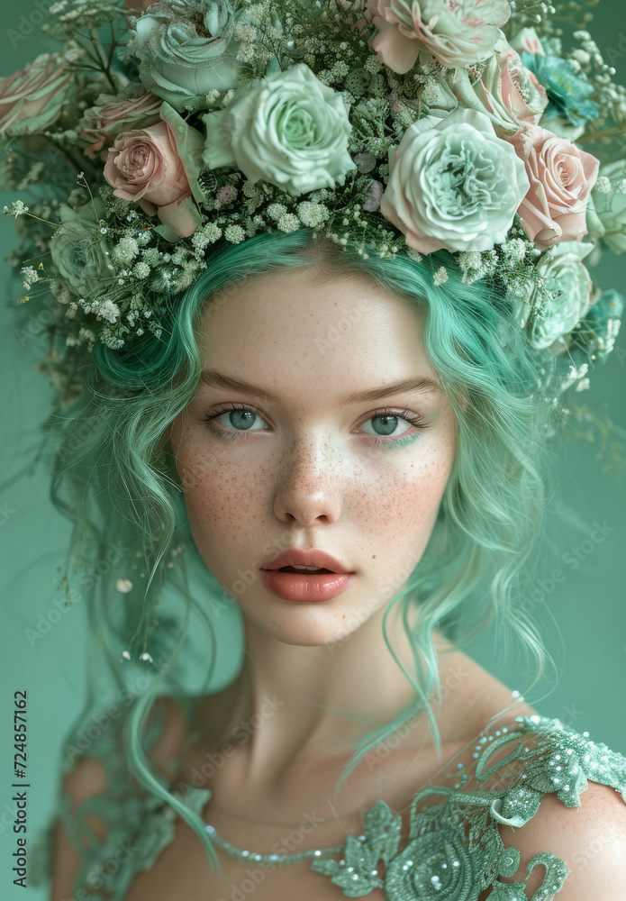 Woman With Green Hair and Flowers in Her Hair. A woman with vibrant green hair adorned with a variety of colorful flowers. Woman With Green Hair and Flowers in Her Hair. A woman with vibrant green hair adorned with a variety of colorful flowers.