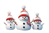 Three cute Christmas snowmen with Santa Claus hat isolated on transparent background PNG