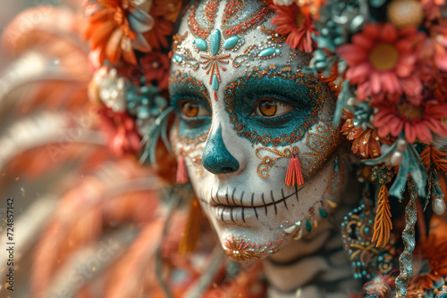 Woman With Blue and Orange Makeup and Flowers in Her Hair. An angel figurine dressed in a dead skeleton