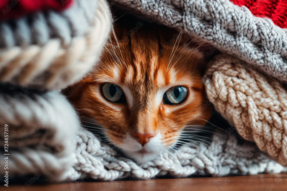 Funny red cat sticks out its muzzle among woolen knitted clothes