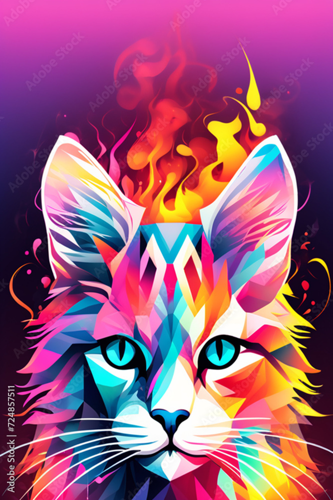 Cat head in pop art style. Minimalist style, neon line logo, depicting a mosaic geometric cat surrounded by vibrant smoke effects on a scarlet background