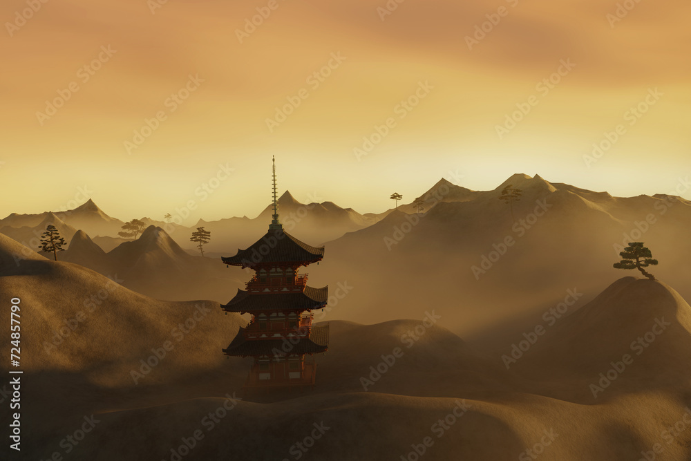3D Rendering of wide landscape with Pagoda in front of mountains covered by fog veil 3D Rendering of wide landscape with Pagoda in front of mountains covered by fog veil