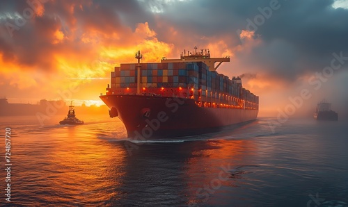 A cargo ship transports containers by sea.