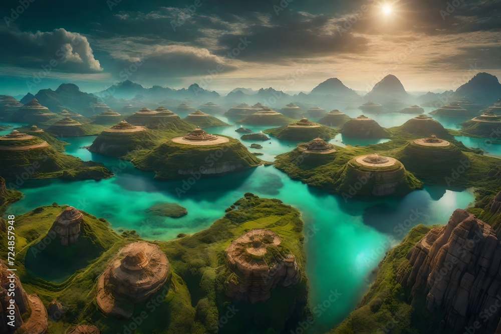 A strange dreamscape of floating islands, each with its own distinct pattern and texture, providing a fanciful and appealing background. 