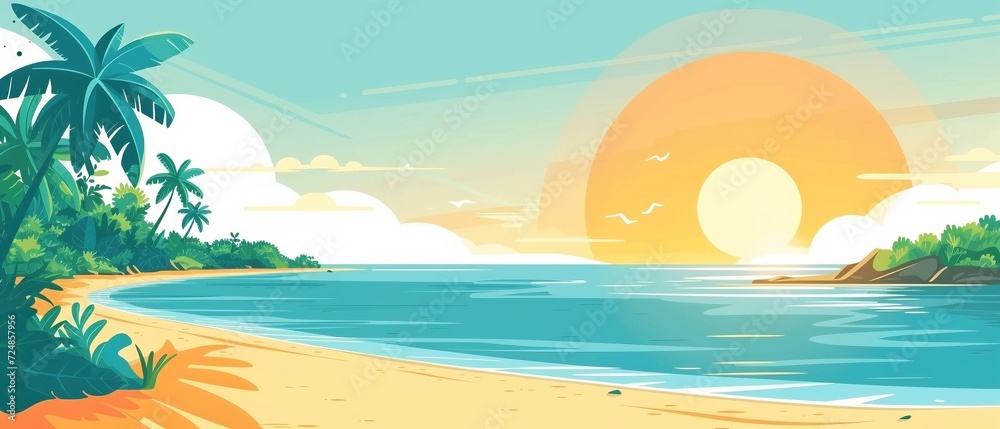 Ein Strand mit Palmen bei Sonnenaufgang