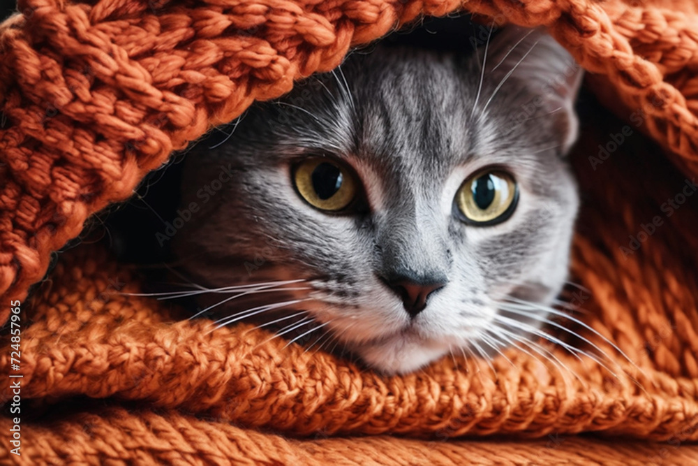Funny gray cat sticks out its muzzle among woolen knitted clothes