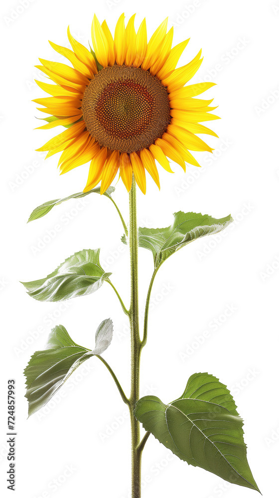 Fototapeta premium Large Sunflower With Green Leaves on Isolated on Transparent Background