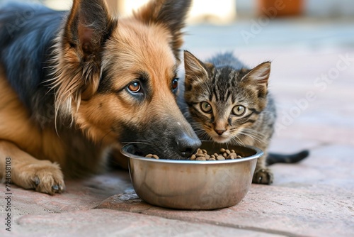 Ein Hund und eine Katze teilen sich einen Futternapf  photo