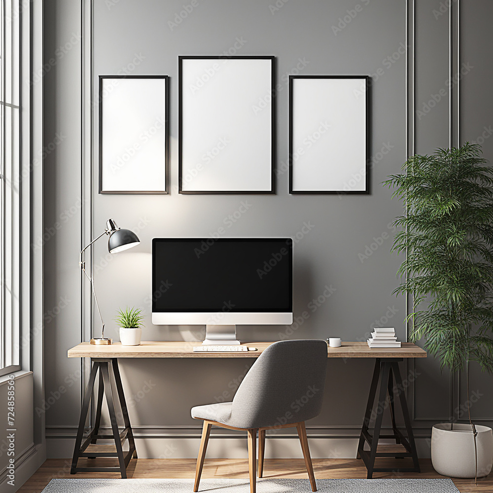 Close up blank frame mockup on wall in the home office room. frame mockup design for advertisement, frame presentation Close up blank frame mockup on wall in the home office room. frame mockup design for advertisement, frame presentation